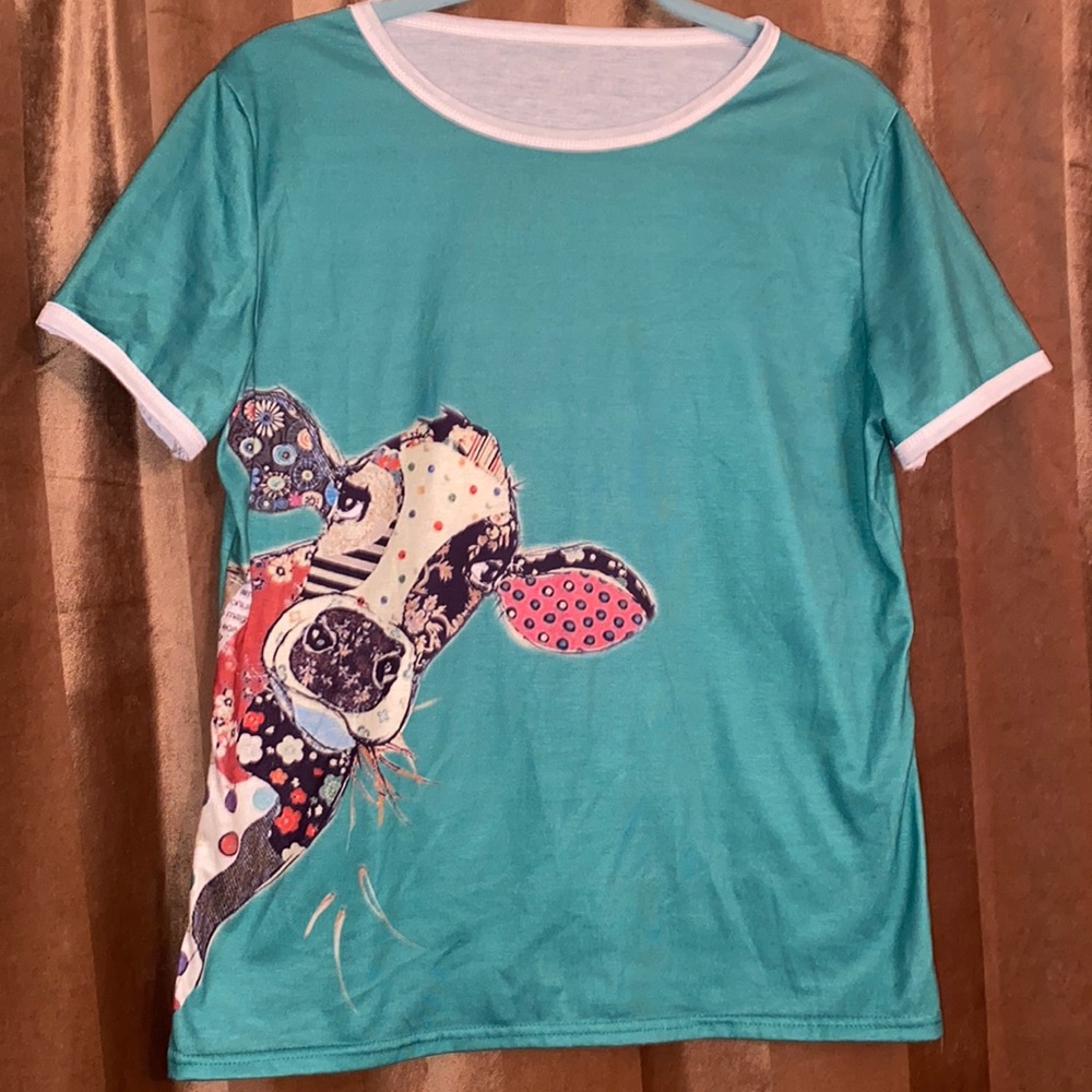 V-Neck Cow Print T-Shirt Summer Country Green Size L